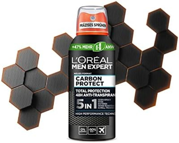 L'Oreal Men Expert Compact Deodorant For Men Ultra Absorbent Deodorant Spray Against Sweat With 48 Hours Effect Compressed Deodorant Carbon Protect 5-In-1 1 X 100 Ml