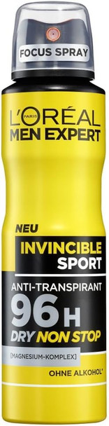 L'Oreal Men Expert Invincible Sport Deodorant Spray With 96H Long Lasting Dry Protection Alcohol 6 X 150 Ml