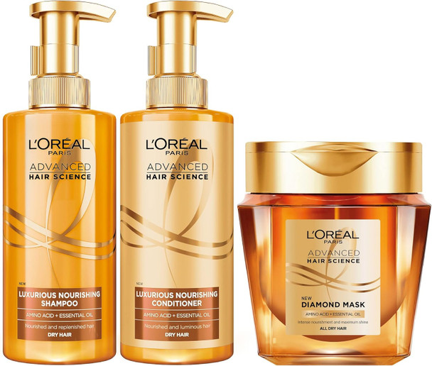 L'Oreal Paris Advanced Hair Science Full Luxurious Nourishing Set For Dry Hair Shampoo 440Ml Conditioner 440Ml & Diamond Mask 250Ml Deep Hair Treatment Anti-Frizz Long Lasting Radiance Routine
