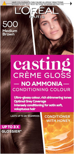 L'Oreal Paris Ammonia Semi-Permanent Hair Dye 500 Medium Brown Glossy Hair Colour Natural Looking Finish For Up To 28 Shampoos Casting Creme Gloss 1 Application