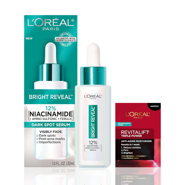 L'Oreal Paris Bright Reveal 12% Niacinamide + Amino Sulfonic + Ferulic Dark Spot Serum 1Oz + Moisturizer Sample