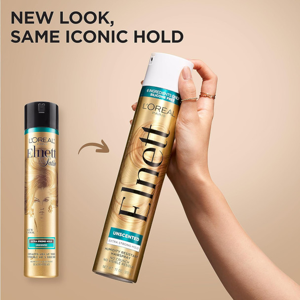 L'Oreal Paris Elnett Hair Care Elnett Satin Extra Strong Hold Hairspray - Unscented Long Lasting + Humidity Resistant Hair Styling Spray 2.2 Oz