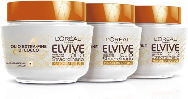 L'Oreal Paris Elvive Nourishing Mask Extraordinary Fine Coconut Oil For Normal To Dry Hair - 3 Packs Of 300Ml 900Ml