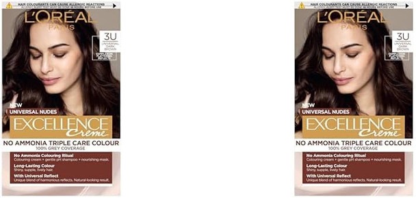 L'Oreal Paris Excellence Permanent Hair Dye Colouring Cream 100% Grey Coverage With Pro-Keratin + Ammonia- Universal Nudes 3U Dark Brown Pack Of 2