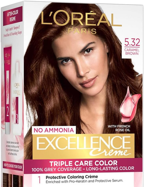L'Oreal Paris Hair Colour Radiant At-Home Hair Colour With Up To 100% Grey Coverage Excellence Creme 5.32 Caramel Brown 72Ml+100G