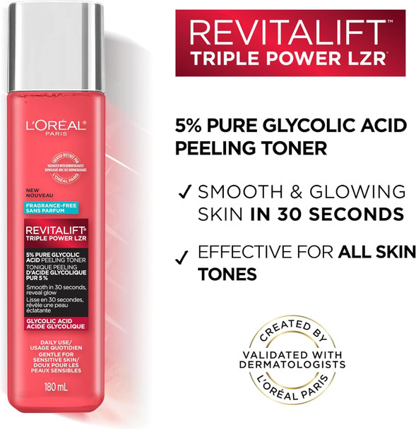 L'Oreal Paris Revitalift 5% Pure Glycolic Acid Peeling Toner From Derm Intensives With Aloe Vera Smooth Skin & Reveal Glow Daily Exfoliant For Brighter Skin Fragrance And Alcohol 6 Fl Oz