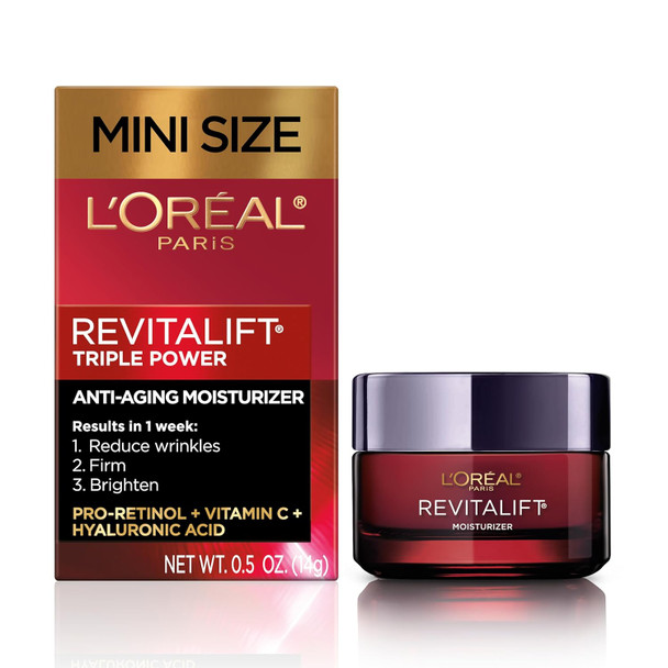 L'Oreal Paris Revitalift Triple Power Anti-Aging Face Moisturizer Travel Size Pro Retinol Hyaluronic Acid & Vitamin C Reduce Wrinkles Trial 0.5 Oz