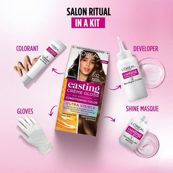 L'Oreal Paris Semi-Permanent Hair Colour Ammonia- Formula & Honey-Infused Conditioner Glossy Finish Casting Creme Gloss 532 Salted Carmel 87.5G+72Ml