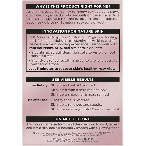 L'Oreal Paris Skincare Age Perfect Rosy Tone Face Mask With Aha And Imperial Peony For Rosy Radiant Skin 1.7 Oz