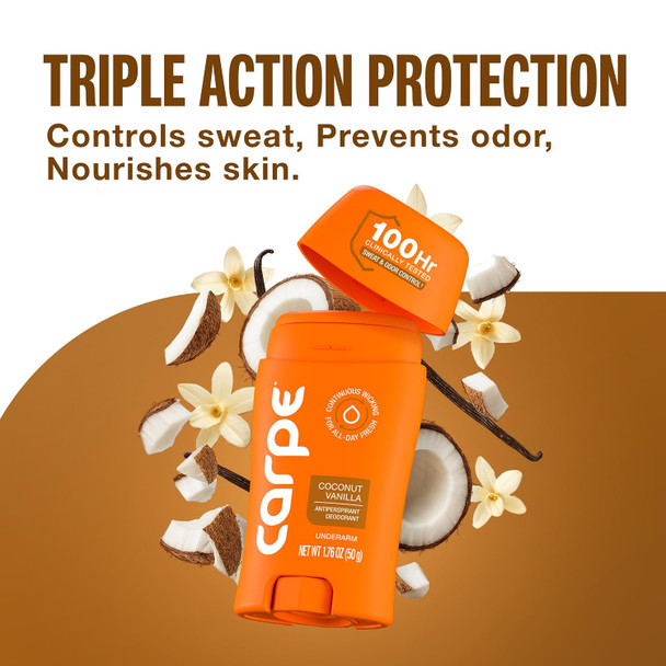 Carpe Underarm Antiperspirant - Coconut Vanilla Deodorant for Women - 100 Hour Sweat & Odor Control - Deodorant for Excessive Sweating - Clinical Strength Antiperspirant - Coconut Vanilla Scent