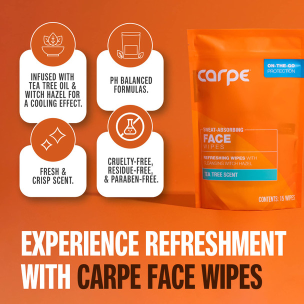Carpe Sweat Absorbing Face Wipes (15 Facial Wipes). Witch Hazel & Tea Tree Oil Wipes Infused With Eucalyptus. Energizing Refreshing And Soothing. Sweat And Oil Control