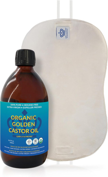 QUEEN OF THE THRONES Original Castor Oil Pack Kit - Heatless, Less-Mess, Reusable - Organic Cotton Flannel, Comfort Fit, Soft Straps & Naturopathic Doctor Designed (16.9 oz Castor Oil Included)