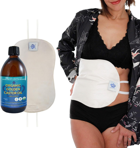 QUEEN OF THE THRONES Original Castor Oil Pack Kit - Heatless, Less-Mess, Reusable - Organic Cotton Flannel, Comfort Fit, Soft Straps & Naturopathic Doctor Designed (16.9 oz Castor Oil Included)