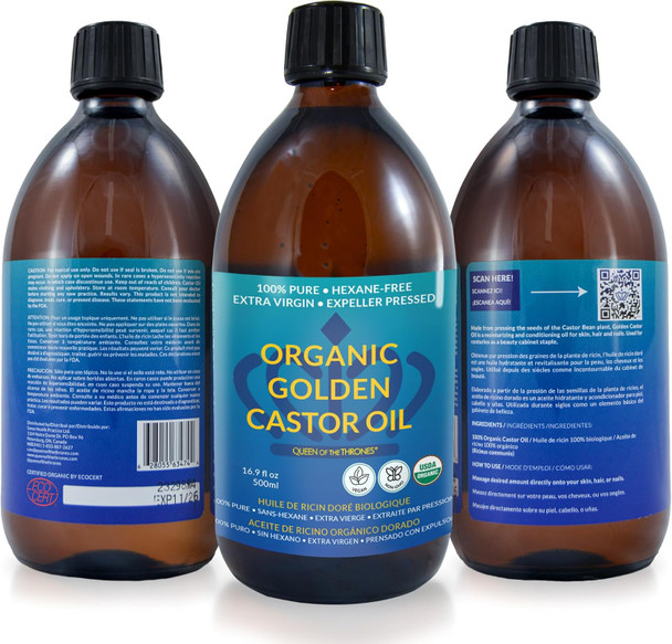 QUEEN OF THE THRONES Original Castor Oil Pack Kit - Heatless, Less-Mess, Reusable - Organic Cotton Flannel, Comfort Fit, Soft Straps & Naturopathic Doctor Designed (16.9 oz Castor Oil Included)