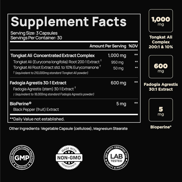 228,000mg 200x Strength Tongkat Ali for Men w. 30x Fadogia Agrestis Extract - 10% Eurycomanone Highest Potency Longjack Fadogia Agrestis Tongkat Ali Supplement - Muscle Growth Support Pills for Men