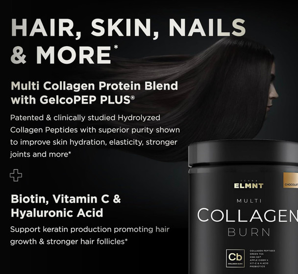 ELMNT Premium Chocolate Collagen for Women Weight Loss & Beauty w. Probiotics, ACV, KSM66, Hyaluronic Acid, Biotin & Patented Multi Collagen Peptides Protein Powder - Colageno Hidrolizado for Women