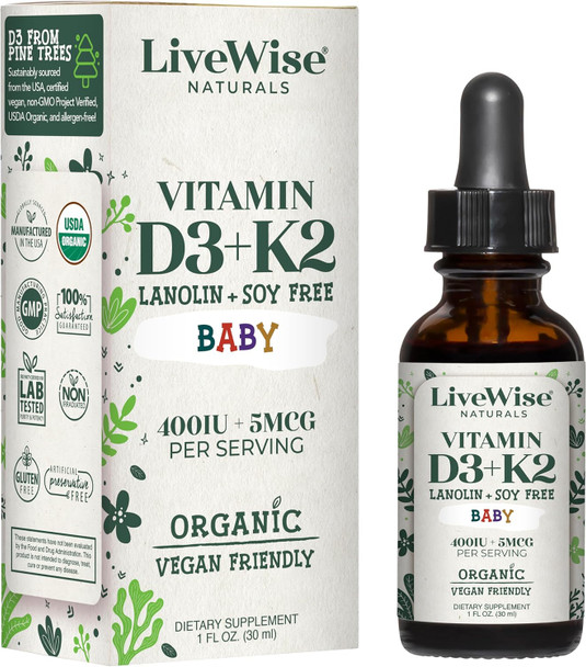 Live Wise Naturals Vitamin D3 And Vitamin K2 Liquid Drops – Baby Vitamin D Drops For Infants W/ Vitamin K For Optimal Absorption – Vitamin D3 K2 Supplement W/ Organic Mct Oil Supports Healthy Bones Brain Immune System