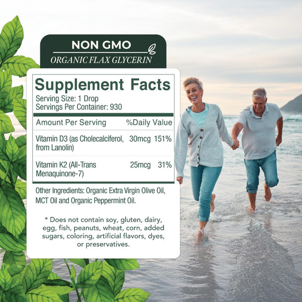 Live Wise Naturals Vitamin D3 With K2 Liquid Drops All Natural Non Gmo 1208Iu D3 And 25Mcg K2 (Mk7) Per Serving Support Your Bones Immune System And Energy Levels With Or Without Peppermint Oil