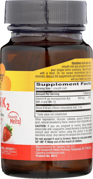 Country Life Vegan Vitamin K2 500 mcg, Dual Spectrum MK-4 and MK-7 Complex Supports Bone & Teeth Health 60 Chewable Tablets Strawberry Flavor