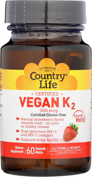 Country Life Vegan Vitamin K2 500 mcg, Dual Spectrum MK-4 and MK-7 Complex Supports Bone & Teeth Health 60 Chewable Tablets Strawberry Flavor
