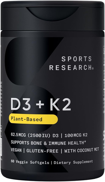 Sports Research Vitamin D3 + K2 With Coconut Mct Oil | Vegan D3 2500Iu (62.5Mcg) & Plant Based Vitamin K2 Supplement | Vegan Certified Soy & Gluten Free - 60 Softgels