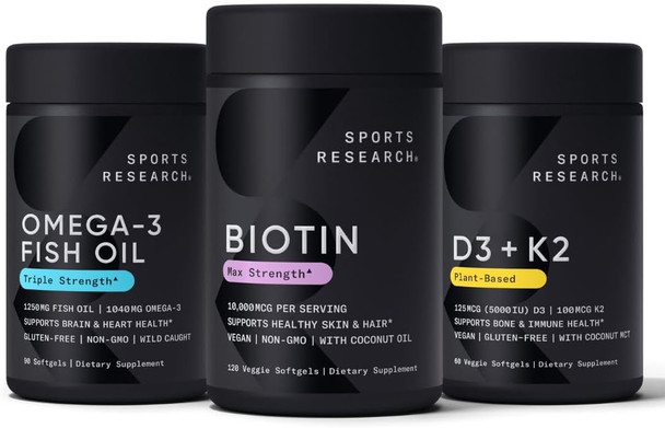 Sports Research Vegan Biotin 10000 Mcg 120 Softgels Triple Strength Omega 3 Fish Oil 1250 Mg (90 Count) And Vegan Vitamin D3 (5000Iu) + K2 (100Mcg Mk7) 60 Softgels