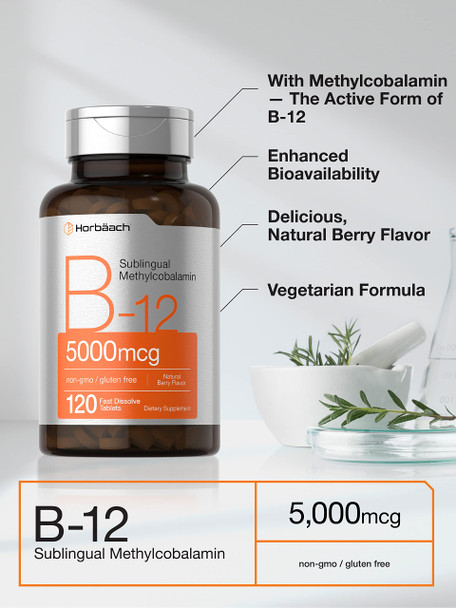 Horbaach B12 Sublingual Methylcobalamin | 5000Mcg | 120 Fast Dissolve Tablets | Vegetarian Non-Gmo And Gluten Free Supplement