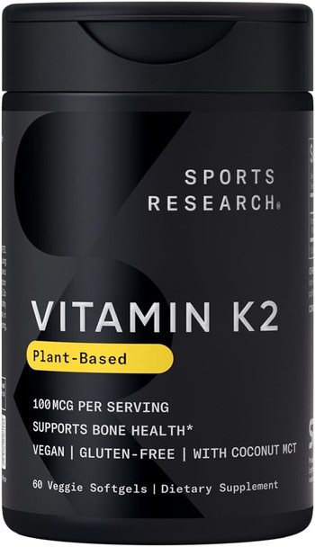 Sports Research Vitamin K2 As Mk-7 100Mcg With Coconut Mct Oil - 60 Veggie Softgels (2 Month Supply) Vegan Certified Non-Gmo Verified Gluten & Soy Free - Citrus Aroma