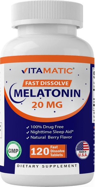 Vitamatic Melatonin 20Mg Tablets | Vegetarian Non-Gmo Gluten Free | High Potency 20 Mg | Natural Berry Flavor 120 Tablets