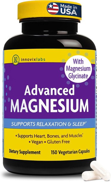 Innovix Labs Advanced Magnesium Capsules - 150 Ct 210 Mg - Chelated Magnesium Glycinate And Malate High Absorption Promotes Relaxation Bones Muscle Health Vegan Magnesium Malate Sleep Supplement