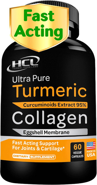 Hcl Herbal Code Labs Turmeric Curcumin 95% Extract & Collagen Capsules - Nem Promotes Joint Comfort & Flexibility - Eggshell Membrane W Naturally Occurring Glucosamine Chondroitin Hyaluronic Acid Joint Supplement