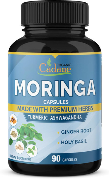 Organic Cadane Moringa Extract Capsules 6450Mg 3 Months Supply With Ashwagandha Tulsi Ginger Turmeric - Energy Booster Immune System Support - 90 Capsules