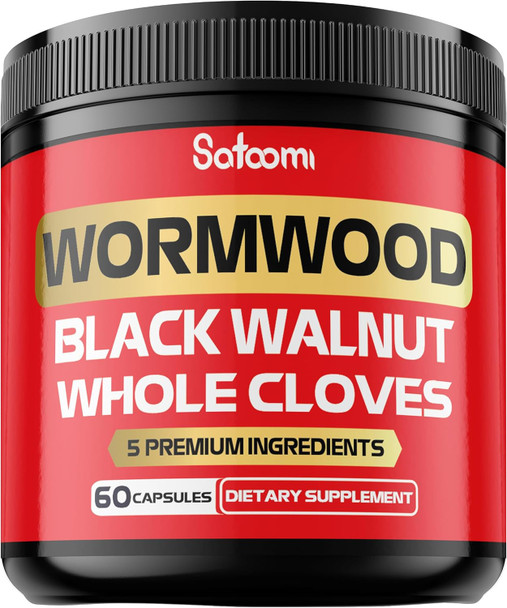 Satoomi 5 In 1 Wormwood Capsules Supplement - Extracted From Black Walnut Whole Cloves Turmeric And Berberine Hcl - Immune System & Digestion Health - 60 Capsules