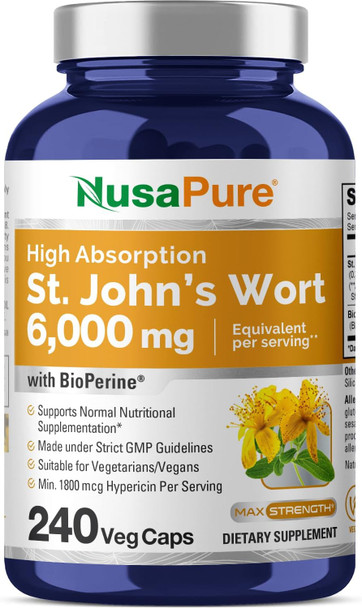 Nusapure St. John'S Wort 6000Mg 240 Veggie Capsules (Vegetarian Non-Gmo) Bioperine