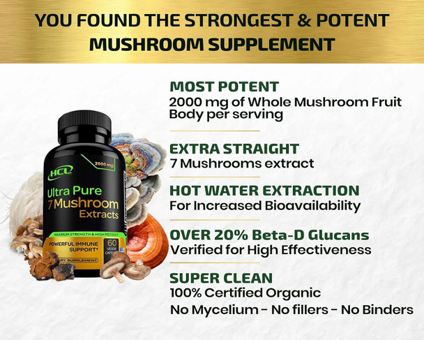 Hcl Herbal Code Labs Organic Mushroom Supplement Extracts Of Lions Mane Cordyceps Chaga Reishi Turkey Tail Maitake Shiitake Capsules - Natural Vitamins Minerals Antioxidants Supplement - Made In The Usa