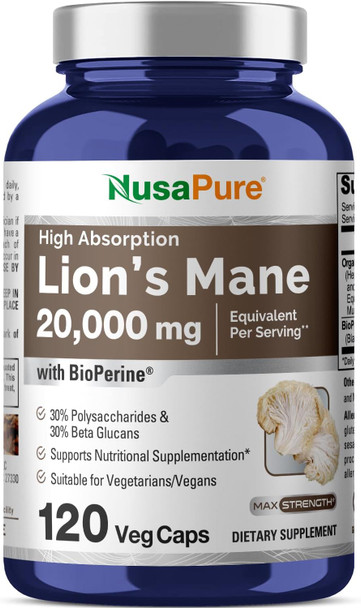 Nusapure Lions Mane 20:1 Extract (20000 Mg Equivalent) - Made With Organic Lion`S Mane Bioperine - 30% Polysaccharides - 120 Veggie Caps. Non-Gmo Gluten Free