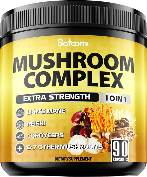 Satoomi 10In1 Mushroom Supplement Complex - Lions Mane Cordyceps Reishi Chaga And 6 More - Brain Supplements For Memory & Focus - 90 Count - 3 Months Supply