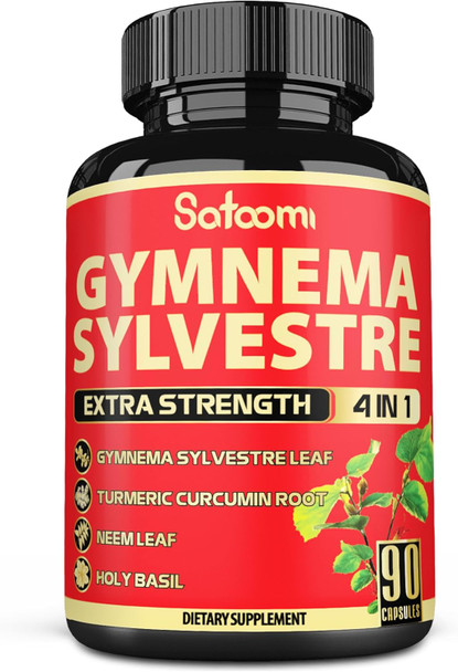 Satoomi Pure Gymnema Sylvestre Capsules Extract - 90 Capsules For 3-Month - Combined With Neem Leaf Holy Basil & Turmeric Curcumin Root