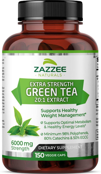 Zazzee Naturals Extra Strength Green Tea 20:1 Extract 6000 Mg Strength 50% Egcg 98% Polyphenols And 80% Catcehins 150 Vegan Capsules 5 Month Supply Standardized And Concentrated 20X Potency Non-Gmo