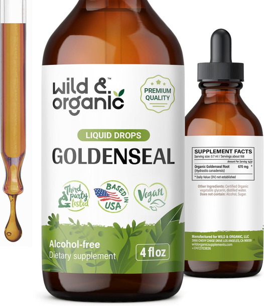 Wild & Organic Goldenseal Tincture - Respiratory Lung Health Drops - Goldenseal Root For Lung Cleanse - Goldenseal Root Liquid - Digestive Health W/Goldenseal Extract - Goldenseal Drops - 4 Oz