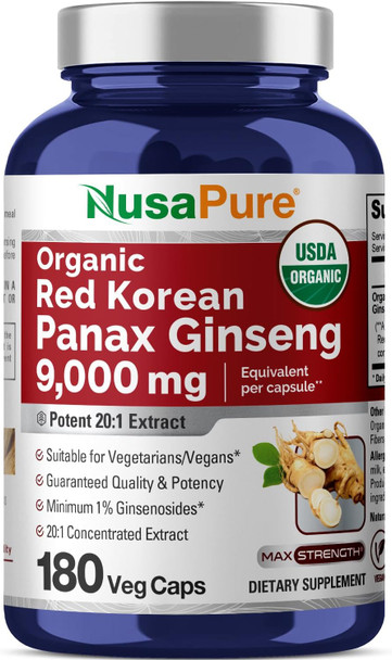 Nusapure Red Korean Panax Ginseng 9000Mg 180 Veggie Caps (Usda Organic Non-Gmo Extract 20:1)