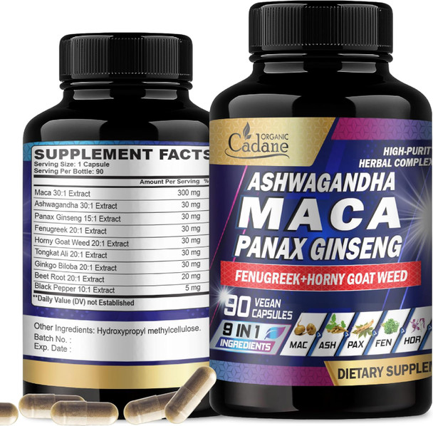 Organic Cadane Maca Root 9000Mg Ashwagandha 900Mg Panax Ginseng 450Mg Supplement - 90 Capsules 3 Months With Fenugreek Tongkat Ali & More - Support For Strength Stamina Energy Production & Immunity