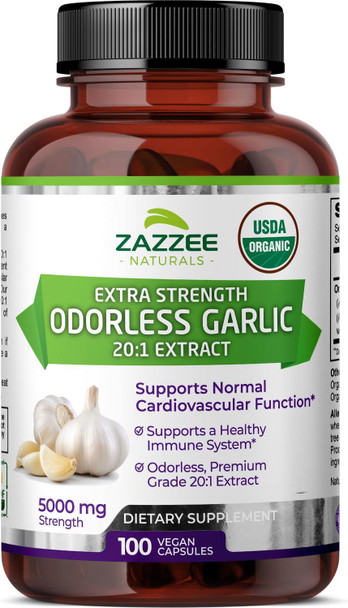 Zazzee Naturals Usda Organic Odorless Garlic 20:1 Extract 5000 Mg Strength 100 Vegan Capsules 3+ Month Supply Standardized Concentrated 20X Extract 100% Vegetarian All-Natural Non-Gmo Made In The Usa