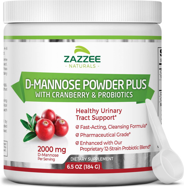 Zazzee Naturals D-Mannose Powder Plus 2000 Mg 67 Servings Potent & Fast-Acting Plus 5 Billion Cfu Probiotics And Pure Cranberry Juice Extract Free Scoop 6.5 Oz Vegan Gluten-Free Non-Gmo All-Natural