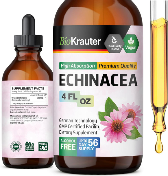 Bio Krauter Echinacea Drops - Natural Immune Support - Echinacea Tincture Supplement - Vegan Alcohol & Sugar Free Drops - 4 Fl.Oz.