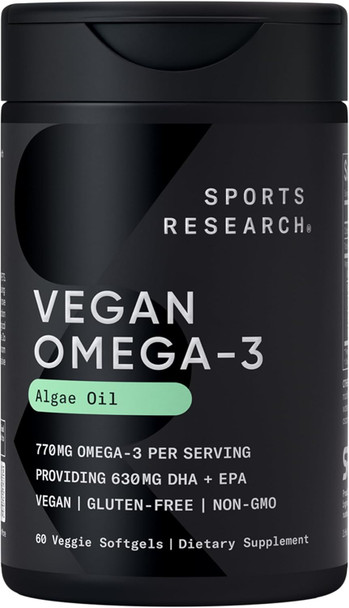 Sports Research Vegan Omega-3 Fish Oil Tive From Algae Oil - Highest Levels Of Vegan Dha & Epa Fatty Acids | Non-Gmo Verified & Vegan Certified - Fresh Lemon Scent - 60 Veggie Softgels