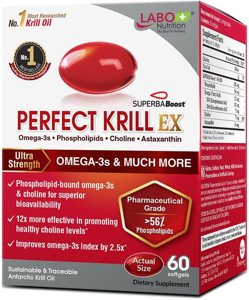 Labo Nutrition Perfect Krill Ex The Purest Ultra Strength Antarctic Krill Oil Highest Phospholipids (>56%) With Choline & Astaxanthin Omega 3 Joint Support 100% Made In Usa 60 Softgel