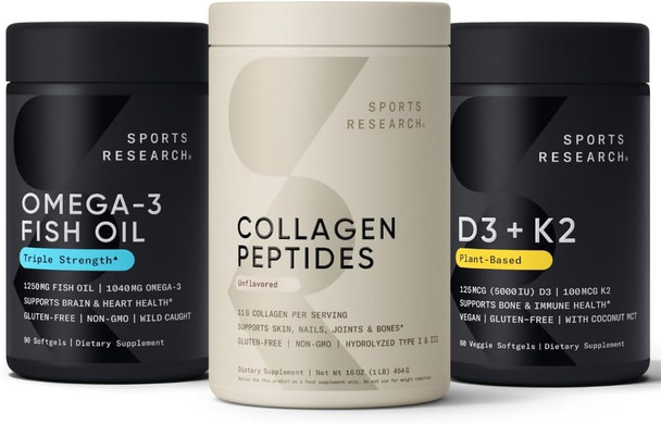Sports Research Unflavored Collagen Peptides Triple Strength Omega 3 Burpless Fish Oil From Single-Source Wild Alaskan Pollock And Plant Based Vitamin D3 + K2 With Coconut Oil