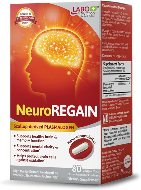 Labo Nutrition Neuroregain - Scallop-Derived Plasmalogen For Brain Deterioration Memory Alertness Learning Concentration And Other Cognitive Functions – Suitable For Seniors Adult Men & Women