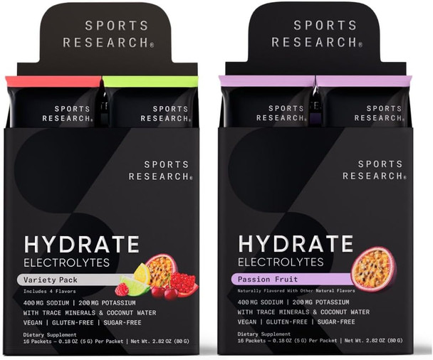 Sports Research Hydrate Electrolytes Combo Pack - Sugar-Free & Naturally Flavored With Vitamins Minerals And Coconut Water - Supports Hydration - 32 Packets - Passion Fruit Dominant Flavor
